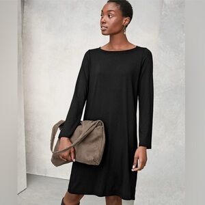 M24 Eileen Fisher Women Black Casual Back Button Dress‎ Slinky Long Sleeve Dress
